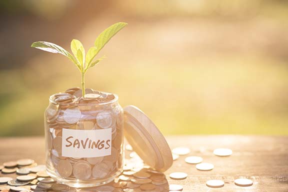 Green leaf growing from the top of a savings jar filled with coins